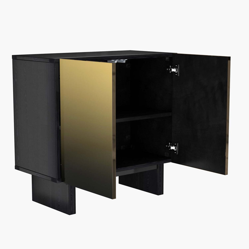 Modern Matte Black 2-Door Accent Cabinet with Gold Wire Mesh & Push-to-Open