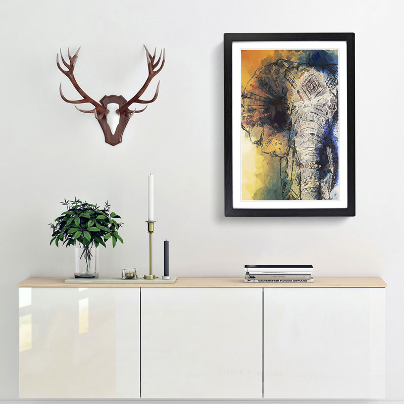Indian Elephant in Abstract - Framed Print, 50cm H x 35cm W x 2cm D, Black