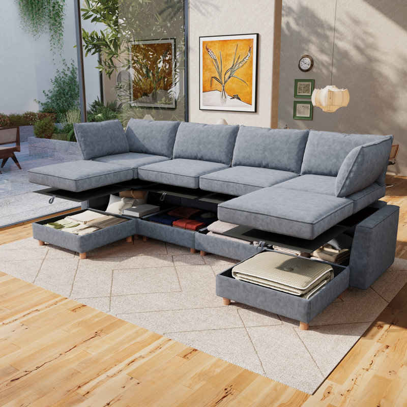 Canapé d'angle convertible modulable 6 places Nestora avec rangement intégré, Grey