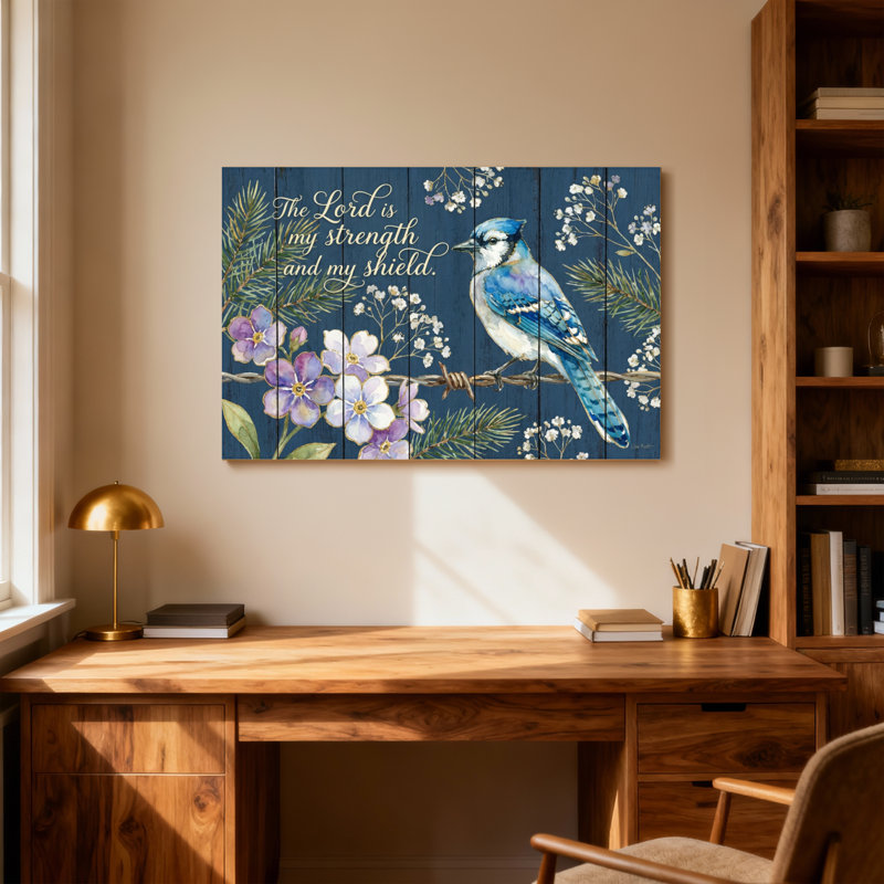 Texte et chiffres Fleurs de geai bleu, branches de pin, texte biblique, H 20 po x l 30 po