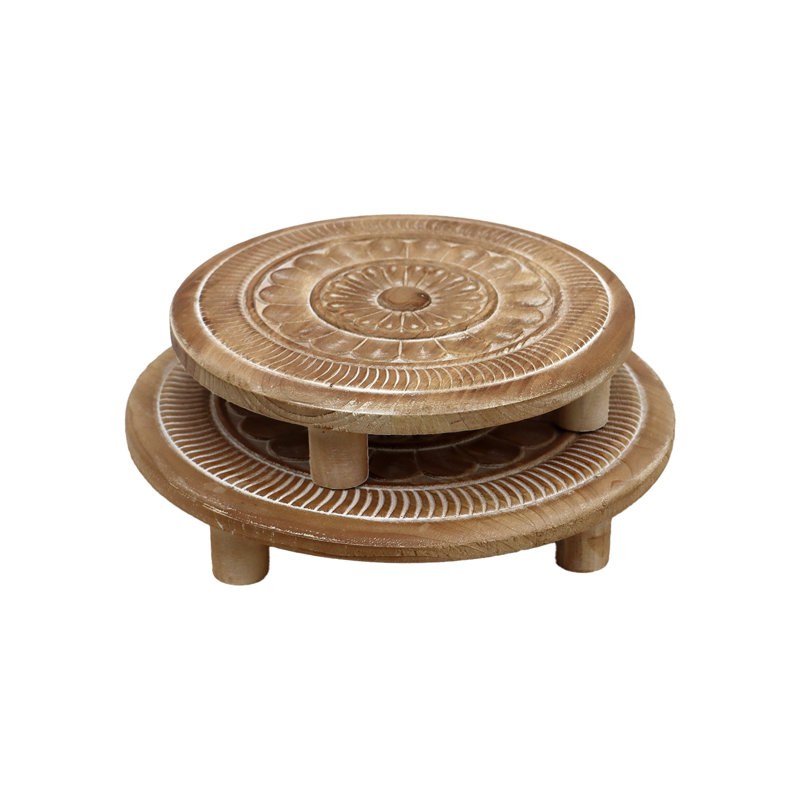 Set of 2 Round Wooden Display Risers, Farmhouse Wood Risers with Carved Pattern Design