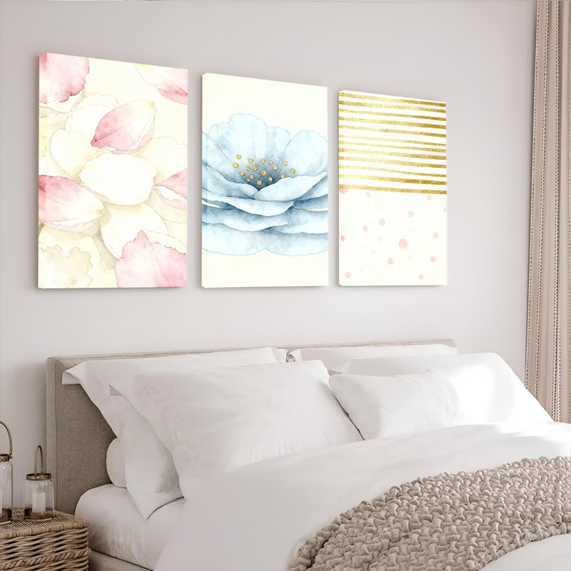 Aquarelle, ensemble de 3 reproductions d'art sur toile tendue à rayures dorées et dorées, H 24 po x l 48 po