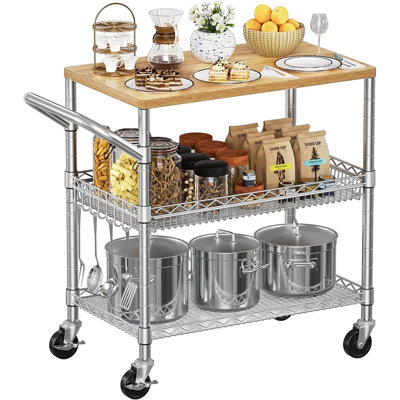 3-Tier Heavy-Duty Kitchen Cart On Wheels, 650 Lbs Capacity Utility Storage Cart With Wood Top, Metal Serving Cart With Handle, Shelf Liners, And Hooks For Kitchen Or Restaurant Use