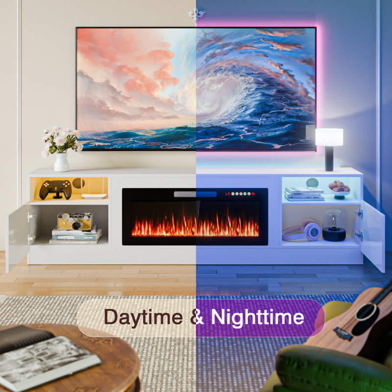 Meuble télé avec foyer Alazik, Blanc