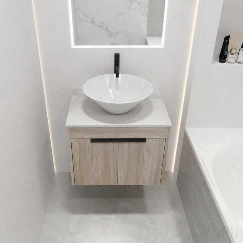 24 " Modern Design Float Bathroom Vanity With Ceramic Basin Set,  Wall Mounted White Oak Vanity  With Soft Close Door,Kd-Packing,Kd-Packing,2 Pieces Parcel