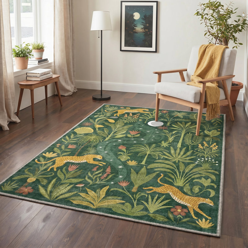 Alcoa Veridian Animal Print Machine Washable Green / Yellow Indoor Area Rug with Non-Slip Backing, Rectangle 5' x 7'