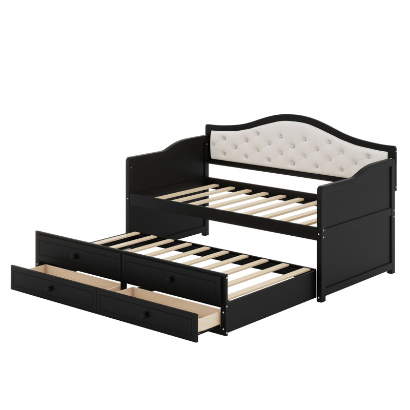 Modern Wooden Daybed with Trundle, Storage Drawers & Upholstered Button Tufted Backrest, Black