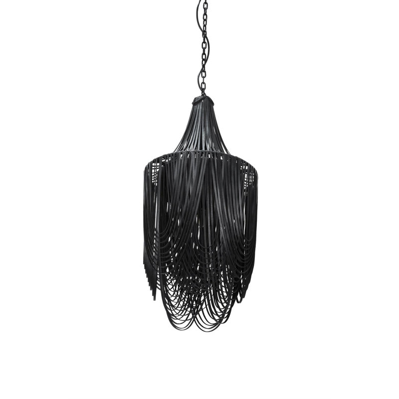 Small Leather Fringe Chandelier w/ Crown, Black