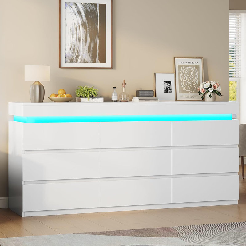 Commode 9 tiroirs avec éclairage à DEL, commode moderne pour la chambre à coucher, commode longue avec tiroirs pour le salon, le vestibule, le couloir