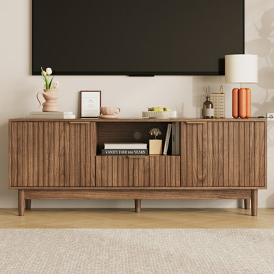 Meuble télé cannelé pour salon avec support, centre de divertissement moderne pour téléviseur de 80 po ou moins, console de télévision avec armoires à porte cannelée et tablettes ouvertes pour le salon et la chambre à coucher