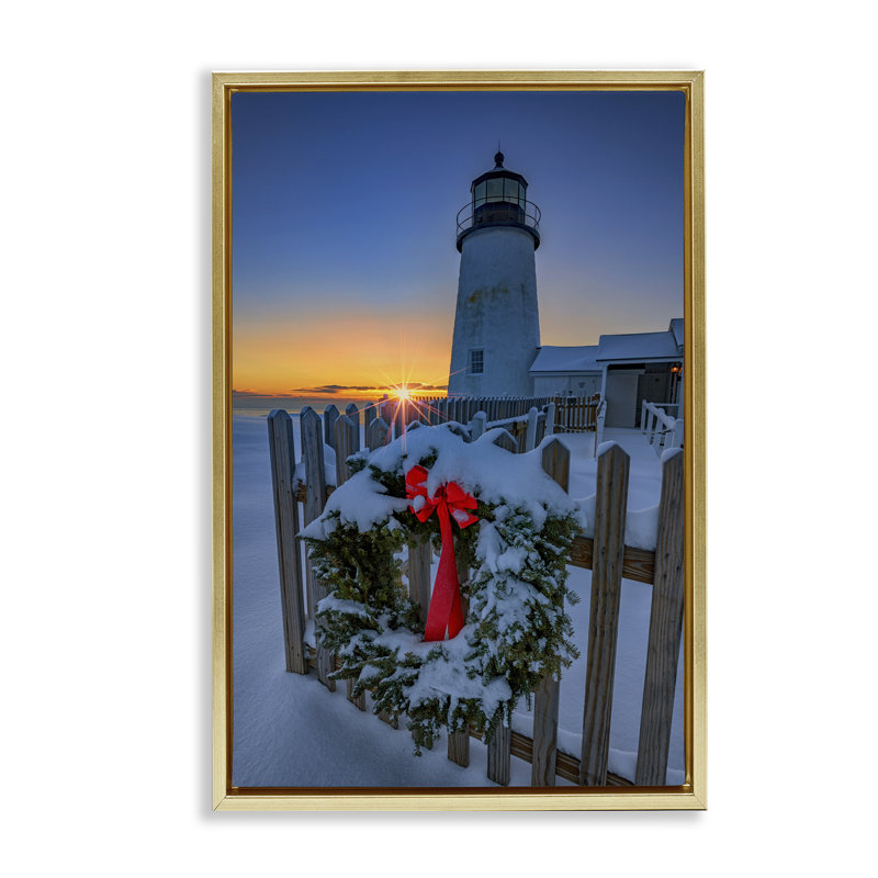 «Christmas Beach Lifehouse» par Rick Berk, Cadre flottant métallique doré, H 31 po x l 21 po