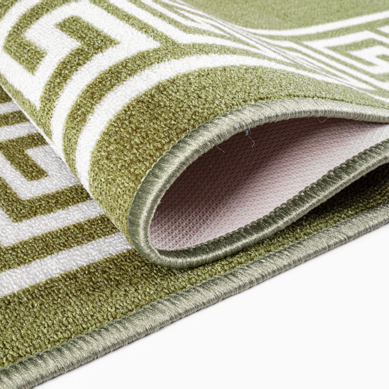 Greek-Key Green Cream Non-Slip Polypropylene Area Rug — Washable Door Mat & Hallway Runner for Living Room, Kitchen & Bedroom