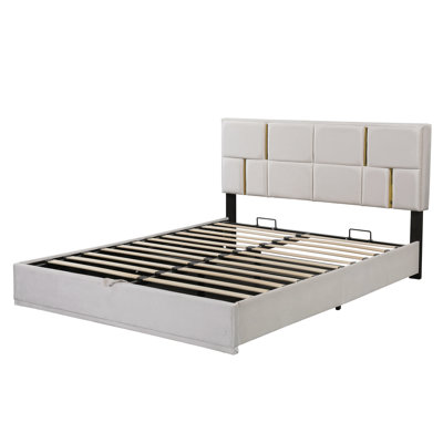 Grand lit plateforme tapissier avec système de rangement hydraulique, aucun sommier requis, beige