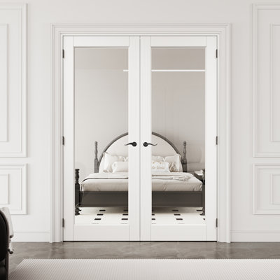 56" x 80" 1-Lite Clear Glass Interior French Door with Black Hardware & Latch & Door Lever, Tempered Glass Door Slab with Safety, Paintable & Waterproof, Suit for Laundry, Closet Doors, Room Doors, Assembly Required