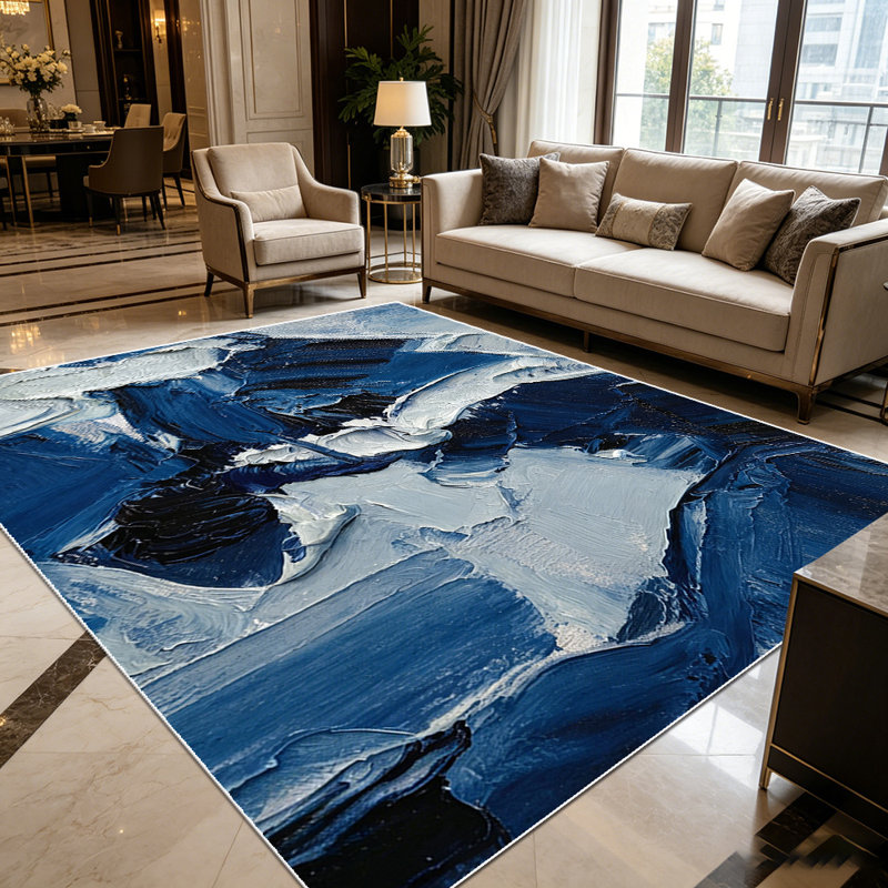 1PC Abstract Navy Blue & White Thick Oil Painting Style area rugs for Living Room, Soft and Comfortable, Suitable for all seasons, easy-to-maintain, machine washable Indoor floor mat, Under Table Farmhouse suitable for dining table, bedroom, kitchen,
