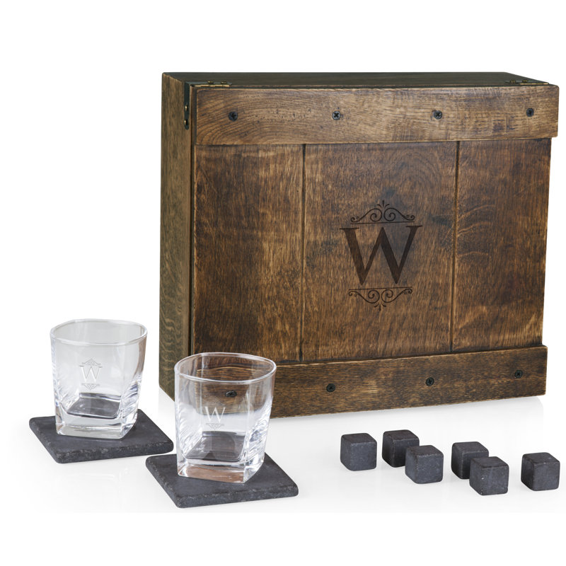 Monogram Whiskey Oak Box, ensemble de 2 verres à whisky et pierres Espen, W