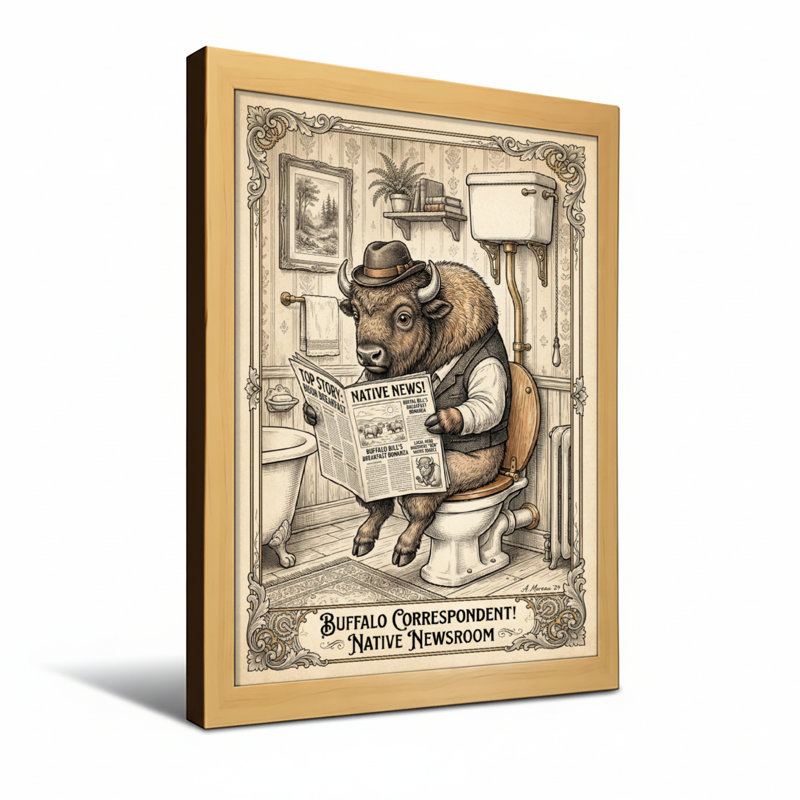 Bath & Laundry Buffalo lisant un journal dans la salle de bain, H 36 po x l 24 po, Toile tendue, Ne s’applique pas