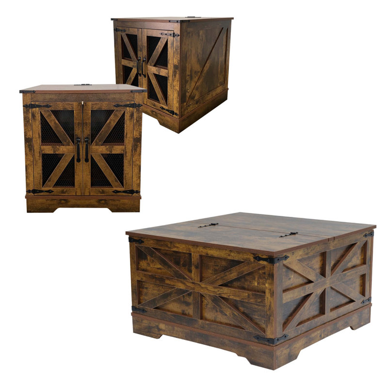 Ensemble de 3 tables basses et tables de chevet brunes avec charge USB pour salon, table basse et 2 tables de bout, brun