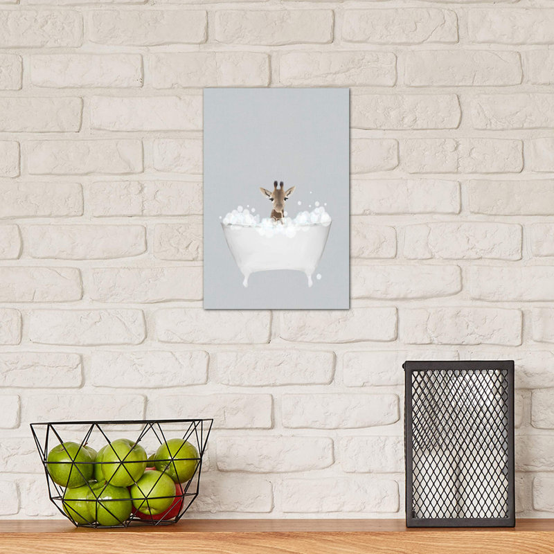 Giraffe Blue Bath by Leah Straatsma - Wrapped Canvas Painting, 20.32 cm H x 30.48 cm W