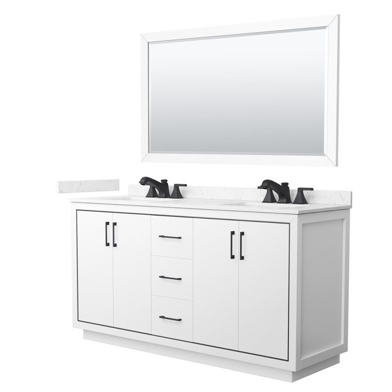 Strada 84" Freestanding Double Bathroom Vanity with Cultured Marble Top, Gray, 35" H x 66" W x 32" D, Matte Black