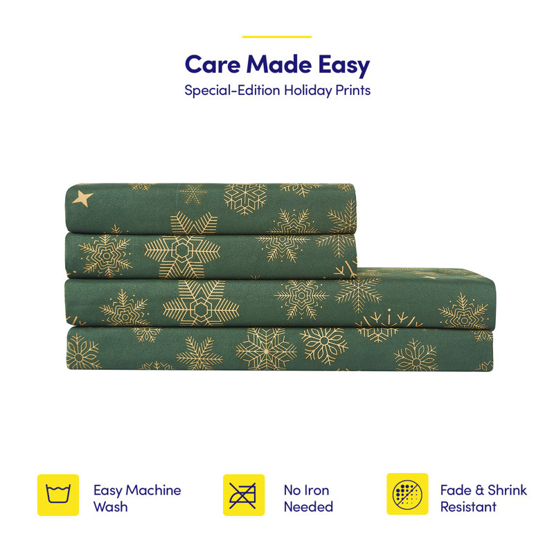 Printed Holiday 4Pc Sheet Sets, Easy Care, Soft & Wrinkle-Resistant Holiday Bedding - Snowflakes, King