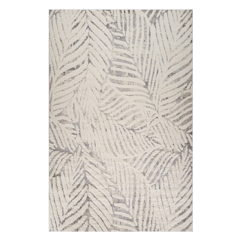 5' X 8' Grey and Cream Botanical Leaves Area Rug