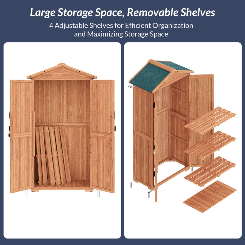 Tall Brown Fir Wood Outdoor Storage Shed with Shelves
