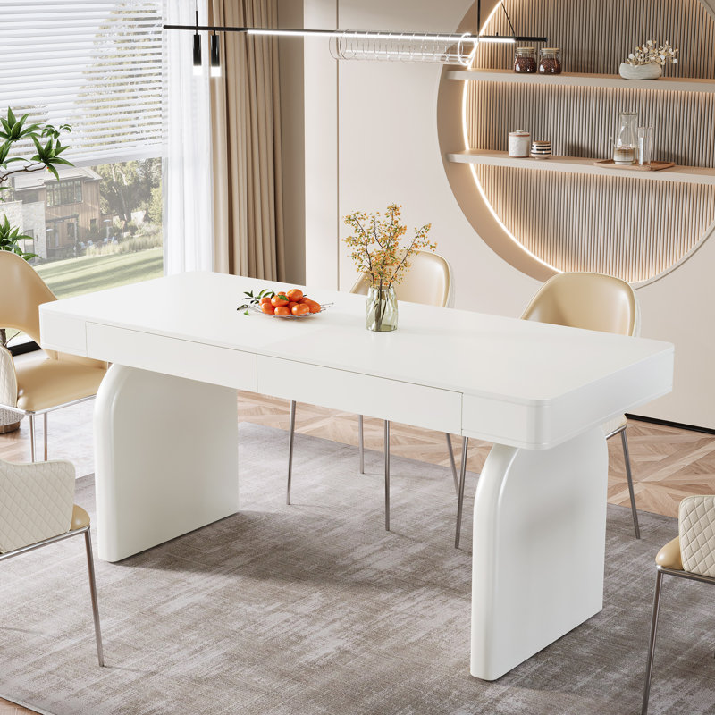 63" Modern White Dining Table for 4-6, Rectangle Elegant Kitchen Table with 2 Drawers