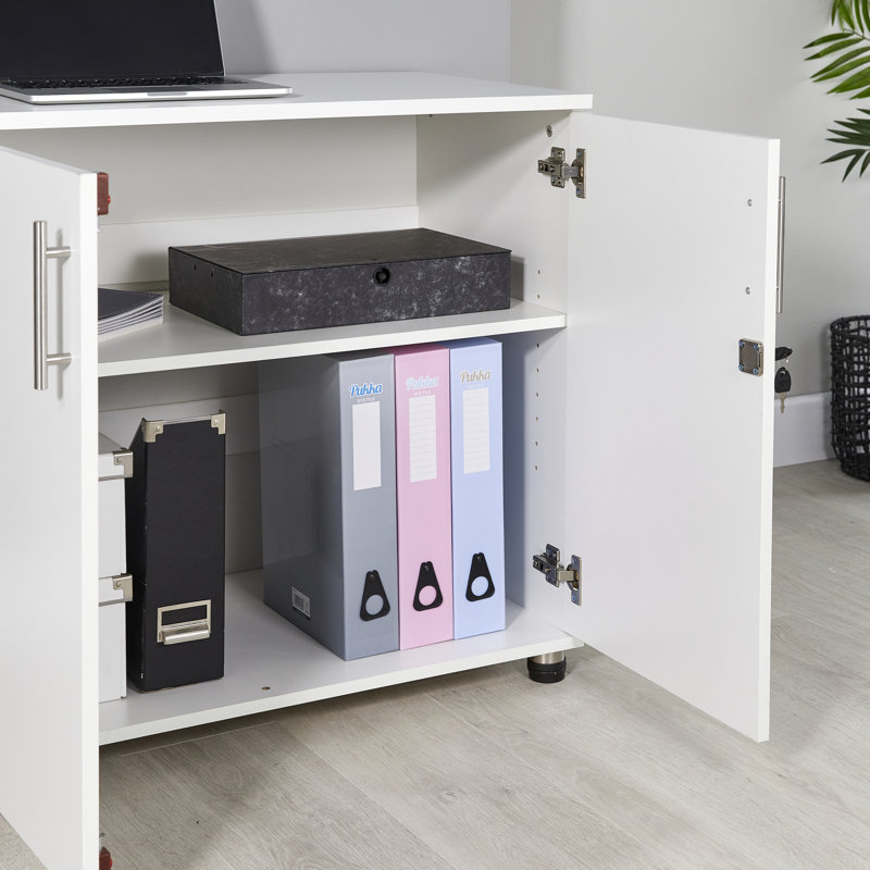 Marjorie Wood Storage Cabinet with Lock, 2 Door Locking File Tool Cabinet Cupboard with Adjustable Shelf, White