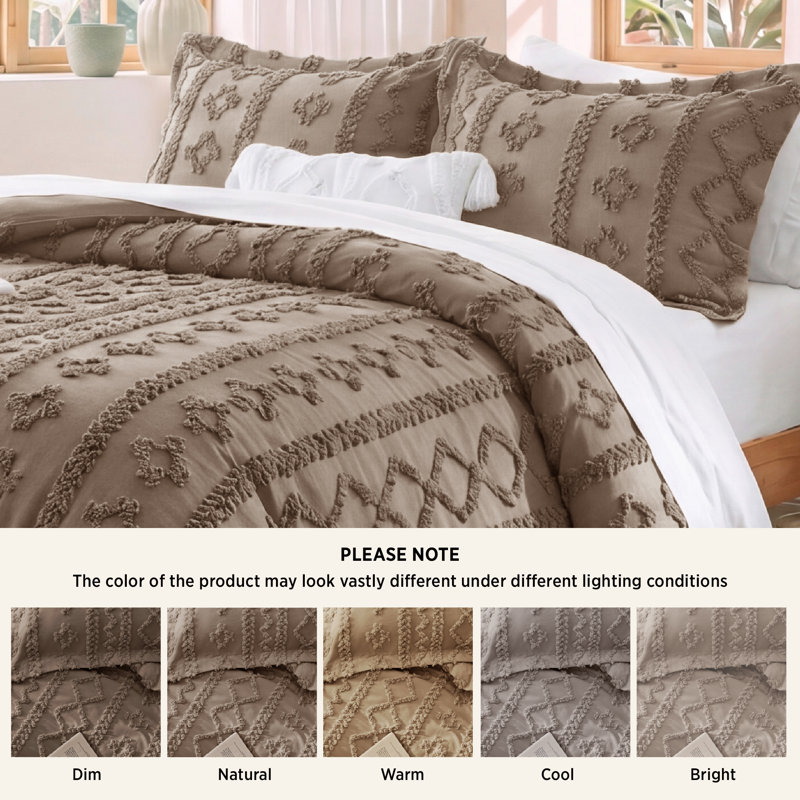 Ensemble d'édredon pour lit très grand Boho - 3 pièces brun clair Shabby Bedding, ensemble de lit en jacquard de ferme avec broderie, douceur toutes saisons pour chambres douillettes et cadeaux boho-chic