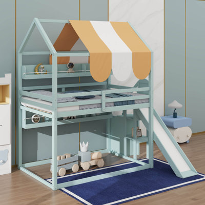 Compact Wooden Loft Bed With Canopy, Full-Scale House Design, Roof, Integrated Bookshelves, And Slide