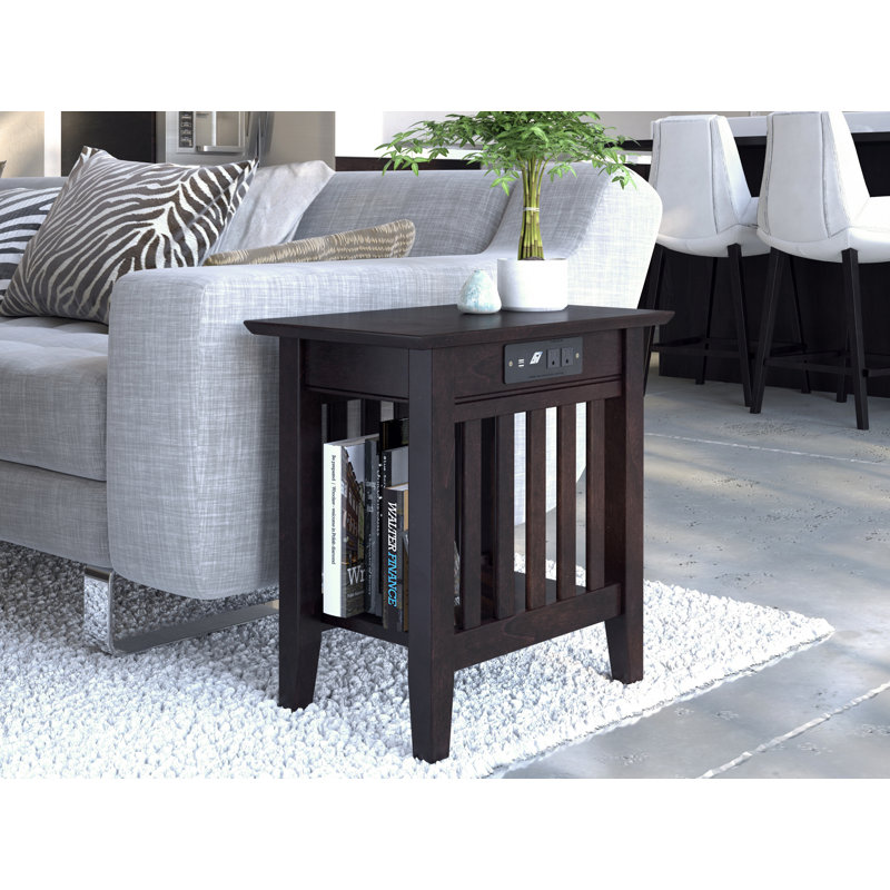 Jarrah Solid Wood End Table and Built-In Outlets, 22" H x 14" W x 22" D, Espresso