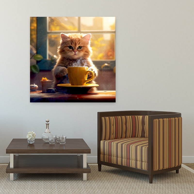 «Fluffy Cat Morning Coffee», art mural animal contemporain, 48" H x 48" W
