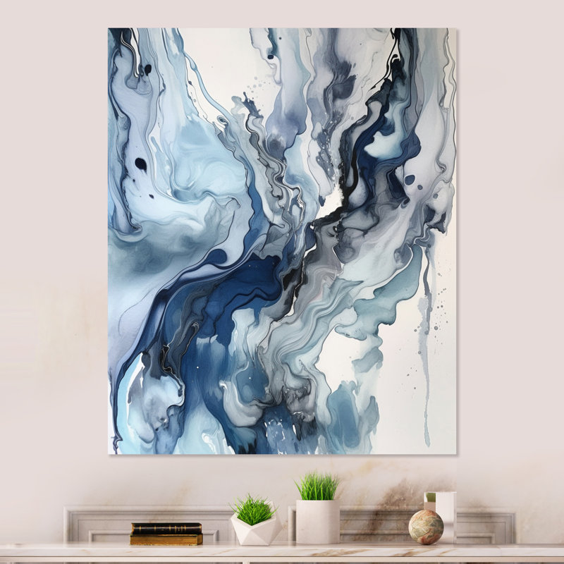 «Blue and Grey Ethereal Elixir II - Abstract Shapes», reproduction d'art en métal, H 32 po x l 16 po