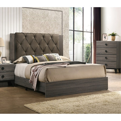 Grand lit pour chambre à coucher, gris, tête de lit, lit en bois d'hévéa moderne,