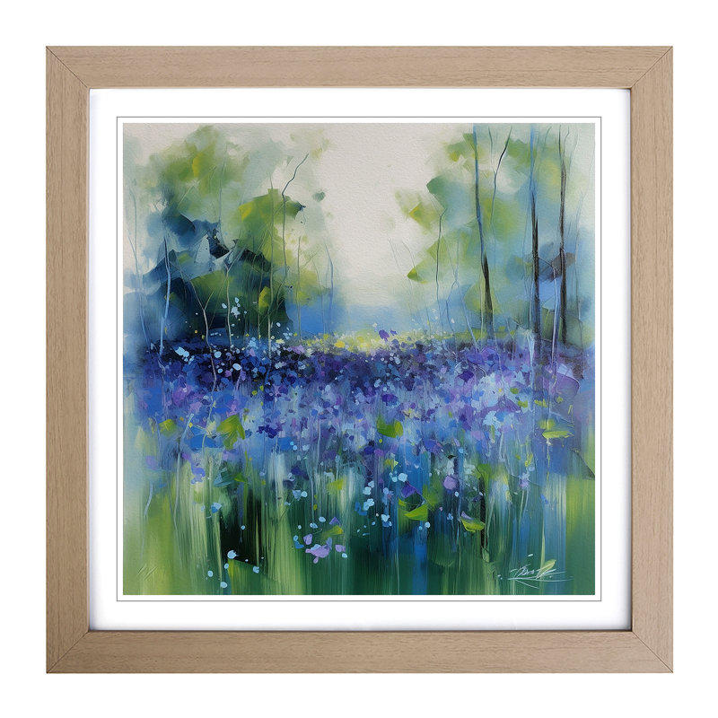 Bluebell Field Gestural Art - Framed Print, Oak
