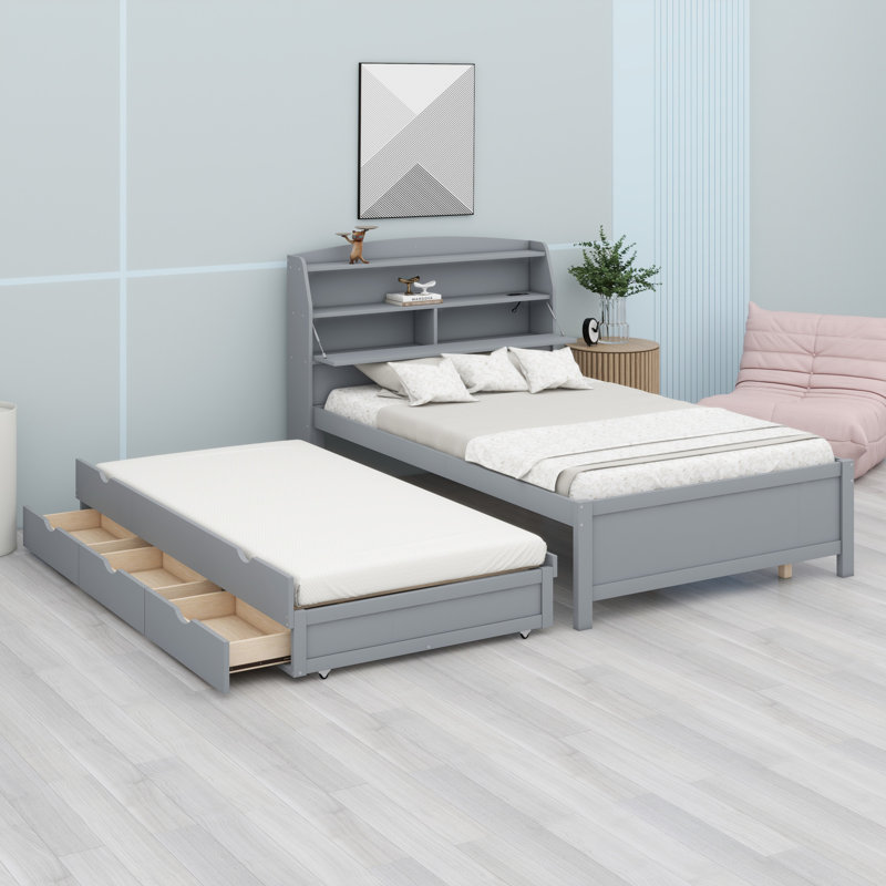 Lit plateforme en bois avec lit gigogne et tête de lit à DEL avec tiroirs, Double, Gris