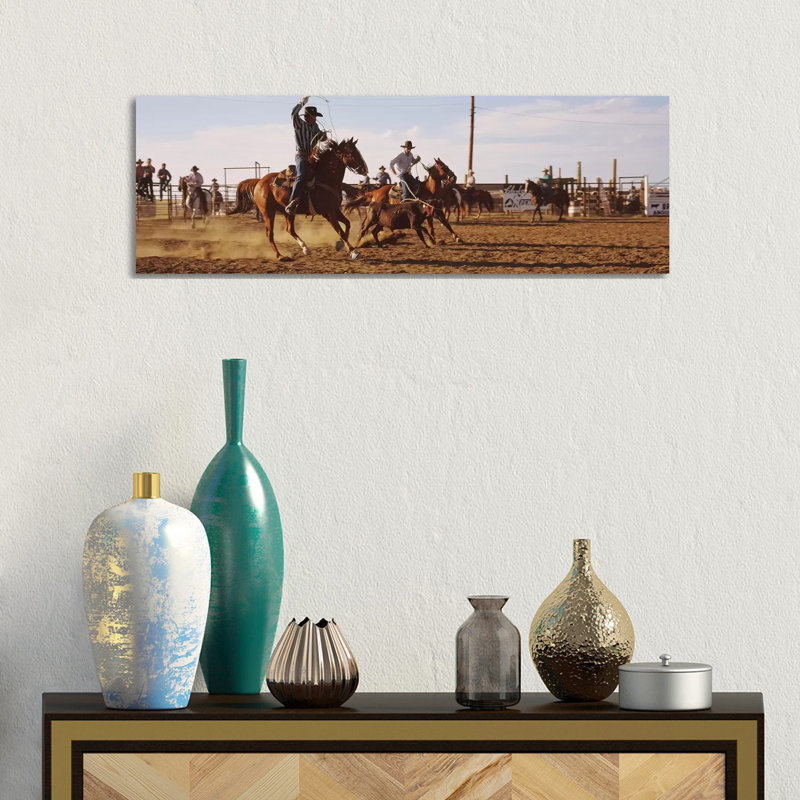Cowboys Roping A Calf, North Dakota, USA by Panoramic Images - Wrapped Canvas Panoramic Print