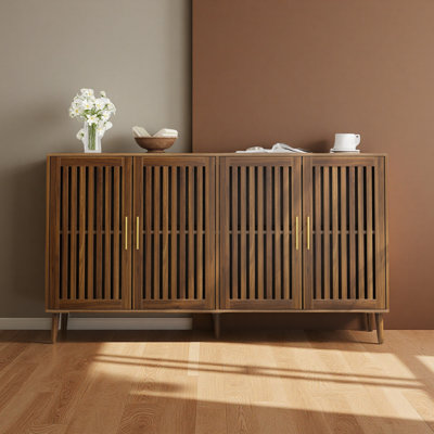 63 Inch Sideboard Buffet Cabinet With Storage ,Grille-Striped 4 Doors Sideboard,Multifunctional Accent Cabinet For Dining Room by George Oliver