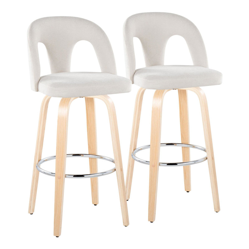 Caden 30" Fixed-Height Bar Stools with Bent Wood Legs & Round Footrest, Bar Stool (30” Seat Height), Natural/Chrome