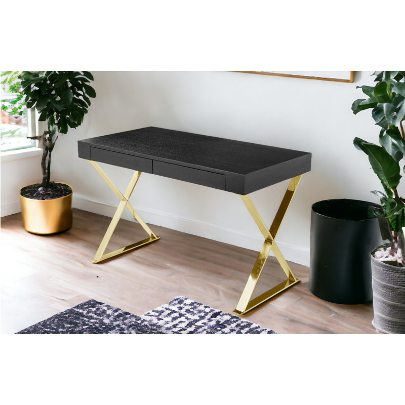 Pangea Home Alexa Modern Writing Desk – with Sleek Metal Steel Legs, Contemporary Executive Computer Table - Office, Bedroom, Entry - Black Wood Desk with Gold Legs