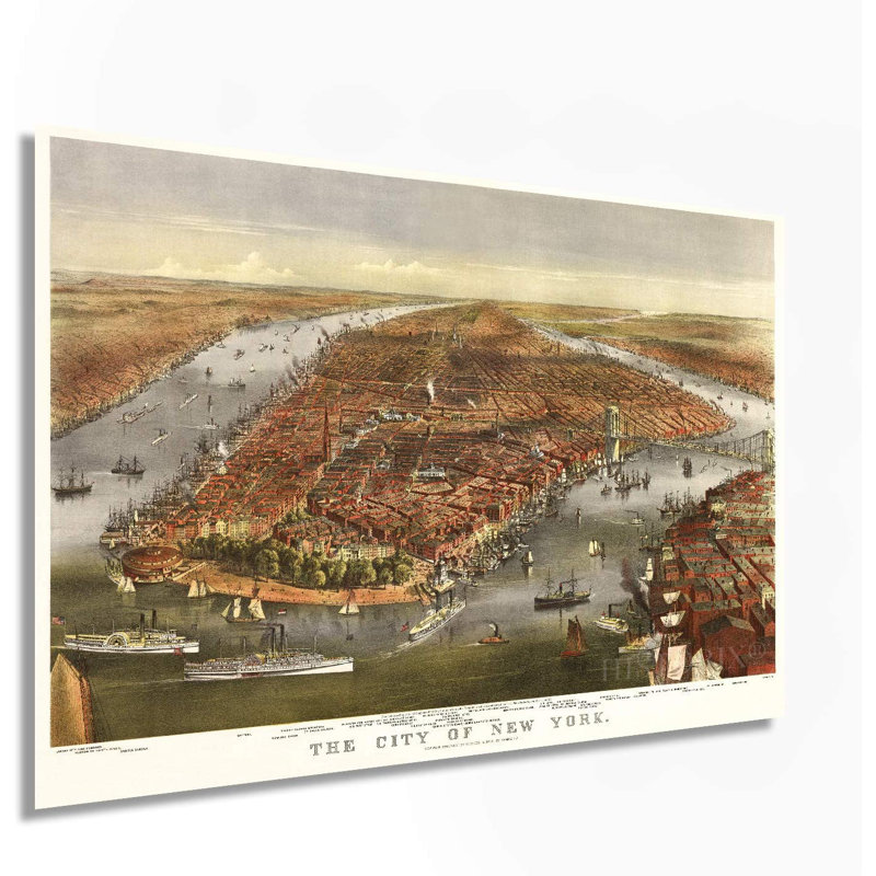 1870, carte de New York, art mural sur papier, H 16 po x l 24 po x P 0,1 po