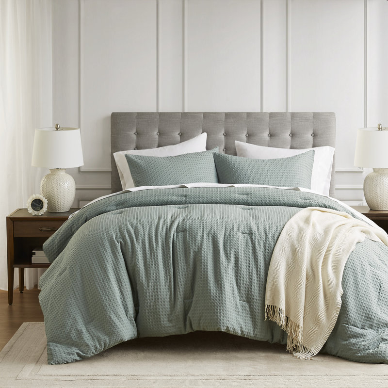 Mina Waffle Weave Textured Cozy Comforter Set, Full/ Queen Comforter + 2 Standard Shams, Sage Green