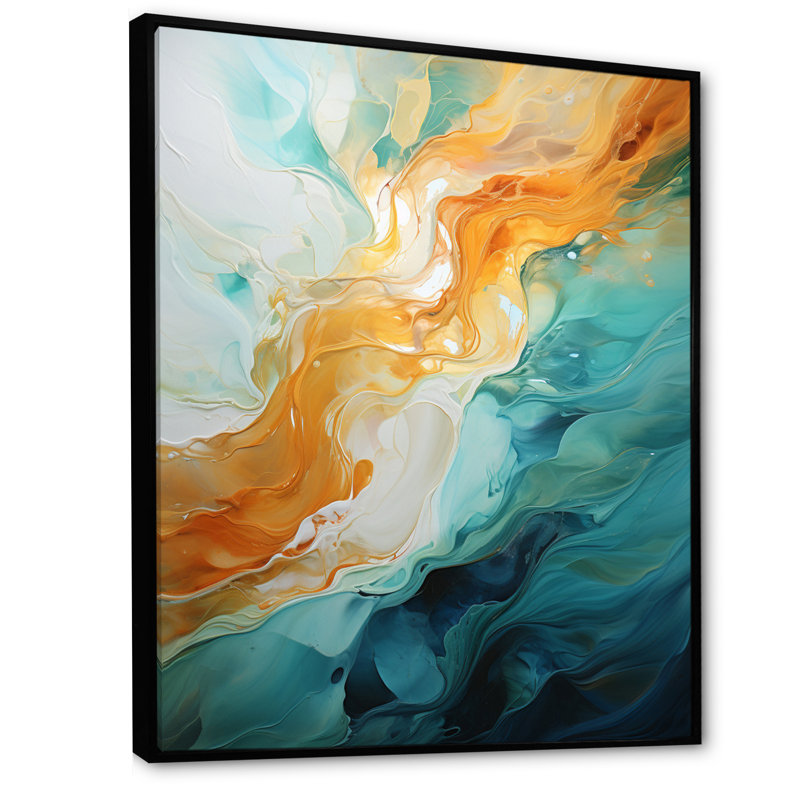 Jaune sarcelle abstrait fractal infini ondulations sur toile, H 44 po x l 34 po x P 1,5 po, Cadre flottant noir