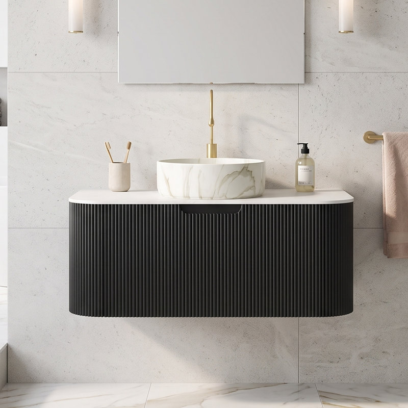 Meuble-lavabo mural de 36 po en contreplaqué, noir, à bord arrondi avec tiroir de rangement imperméable et résistant à l'humidité, pré-assemblé
