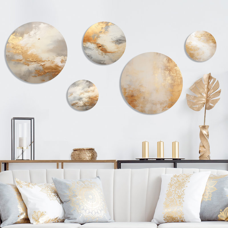 Minimalisme beige et or, tempêtes tempêtes, ensemble d'art mural rond de 5
