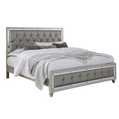 Full Gemstone Silver Bed - Solid Wood & , Mirror Trim Decor, 3 Slats + Legs, 76"l X 56"w Inner Bedframe, 14"h Siderail, Grey Hint And 55.68" Deep 81.86" Wide 56.04" High Support Legs Trimmed Siderail