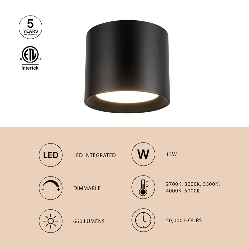 Uma 7-in Black dimmable LED Semi-Flush Mount, White, Height 6 in