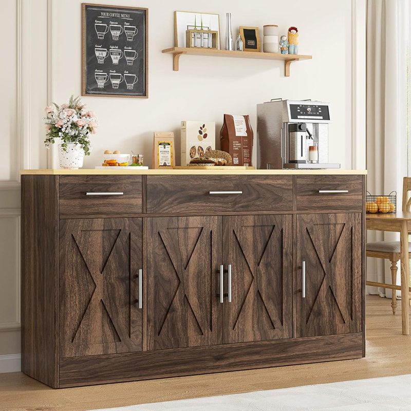 53" Large Sideboard Cabinet, 4 Doors & 3 Drawers, Rustic Brown