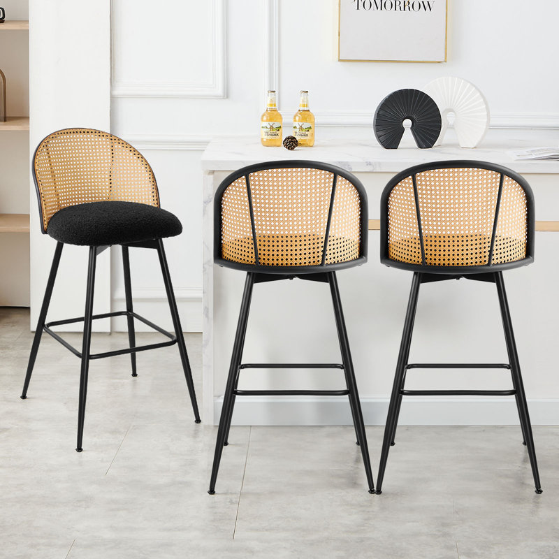 361° Swivel Upholstered Rattan Counter Height Bar Stool, Black/Natural, Noir, Tabouret de bar (siège d'une hauteur de 29 po)